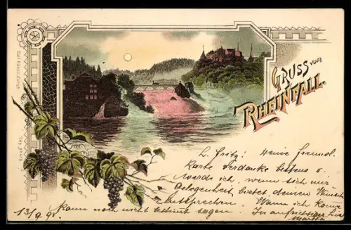 Lithographie Rheinfall im Mondschein
