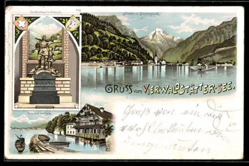 Lithographie Flüelen, Ortsansicht mit dem Britenstock, Tell-Denkmal, Wirtschaft zu Treib