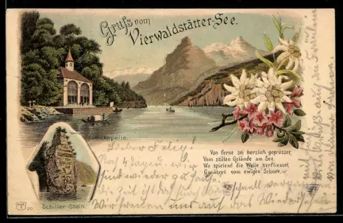 Lithographie Sisikon /Vierwaldstättersee, Tellskapelle, Schiller-Stein