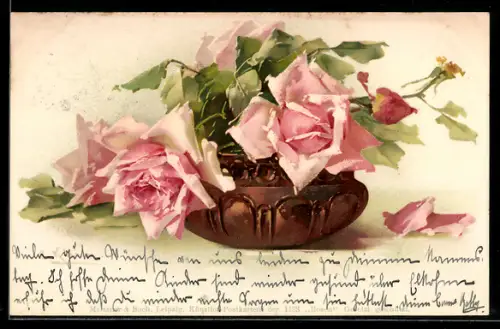 Künstler-AK Catharina Klein: Bronzevase mit rosafarbenen Rosen