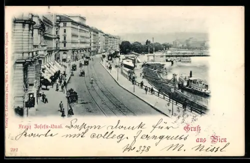 AK Wien, Franz-Josefs-Quai mit Strassenbahn und Dampfer