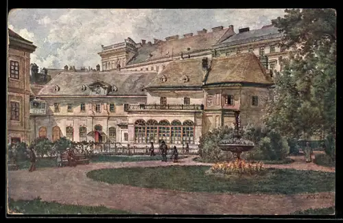 Künstler-AK Wien, Gartenansicht vom Mariahilfer Gymnasium