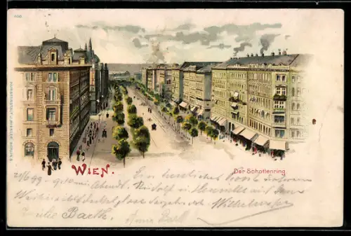 Lithographie Wien, Schottenring mit Passanten