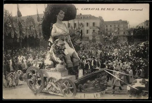 AK Nice / Nizza, Carnaval de Nice, Madame Carnaval, Grand Char, Festwagen beim frz. Karneval