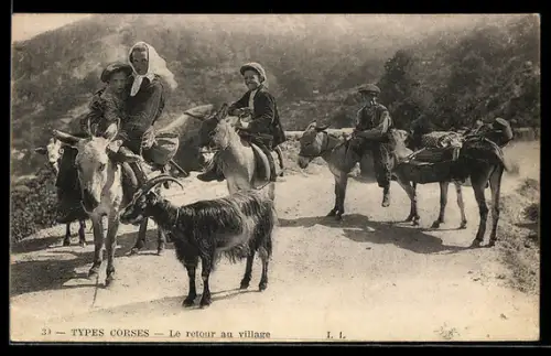 AK Types Corses, le Retour au Village, Kinder reiten auf Esel und Ziegen
