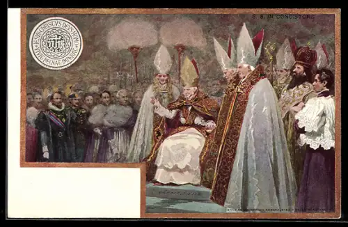 Künstler-AK Papst Leo XIII. auf seinem Thron, hebt grüssend die Hand