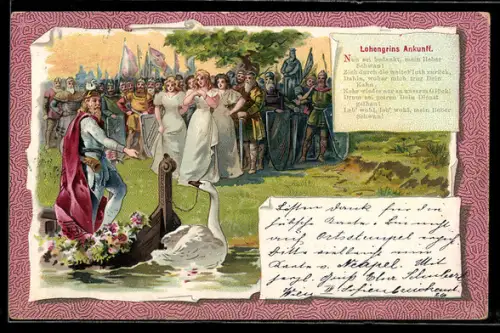 Lithographie Parsival, Lohengrin an Ufer bei Kahn mit Schwan vor Menschenmenge u. Ritter