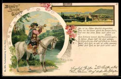 Lithographie Säckingen, Uferpartie mit Kirche, Trompeter zu Pferde, Behüt dich Gott!