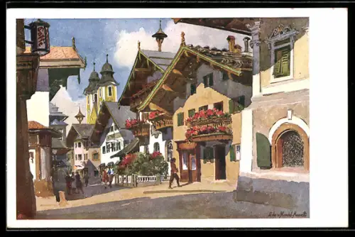 Künstler-AK Edo v. Handel-Mazzetti: St. Johann /Tirol, Speckbacherstrasse mit Passanten