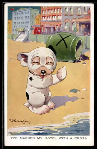 Künstler-AK George Ernest Studdy: Bonzo lacht am Strand, I`ve marked my Hotel with a Cross