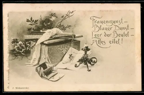 AK Frauenfeindlicher Humor, Frauengunst - Blauer Dunst - Leer der Beutel - Alles eitel!