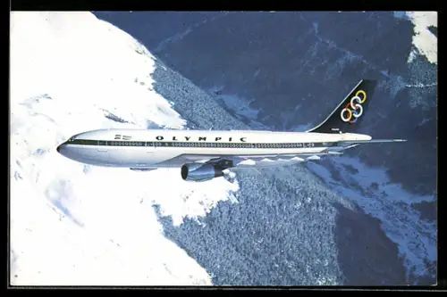 AK Airbus A300 von Olympic Airways über dem verschneiten Gipfel, Flugzeug