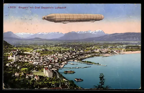 AK Bregenz, Teilansicht mit Graf Zeppelin`s Luftschiff