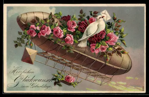 AK Luftschiff Zeppelin mit Rosen, Geburtstagsgruss
