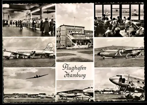 AK Hamburg, Flughafen, Innenansichten Cafe und Eingangshalle