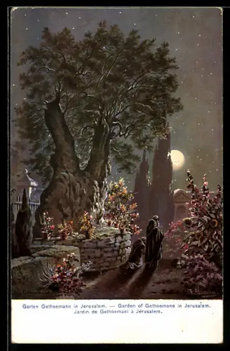 Künstler-AK Jerusalem, Garten Gethsemane bei Vollmond