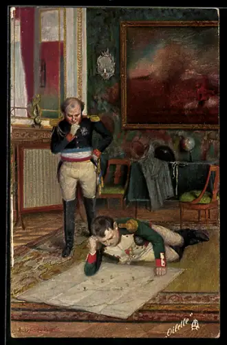 AK Napoleon liegt mit der Landkarte auf dem Boden