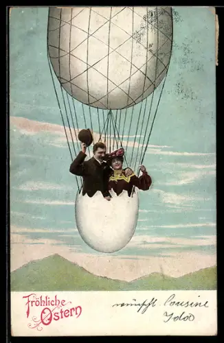 AK Paar bei einer Fahrt im Eier-Ballon