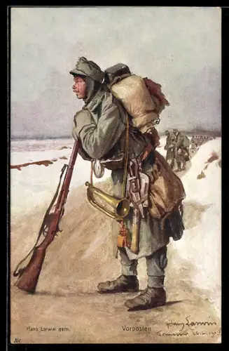 AK Nr.: 402, Rotes Kreuz, Hans Larwin, Vorposten mit Gewehr
