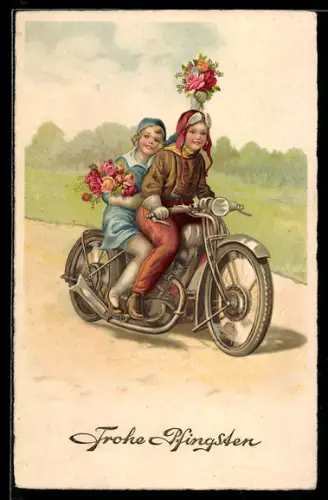 AK Pärchen auf dem Motorrad, Pfingstgruss