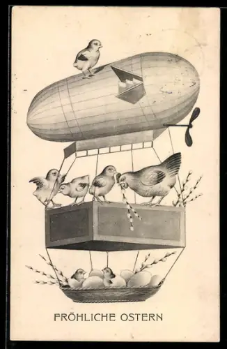 AK Osterküken fliegen mit einem Zeppelin