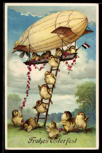 AK Osterküken klettern aus einem Zeppelin