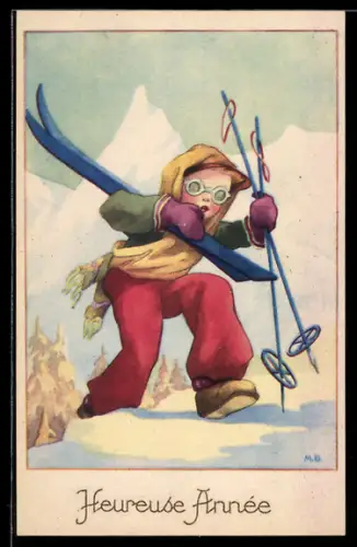 Künstler-AK Bonne Année, Neujahrsgruss, ein Kind stapft mit Skiern durch den Schnee