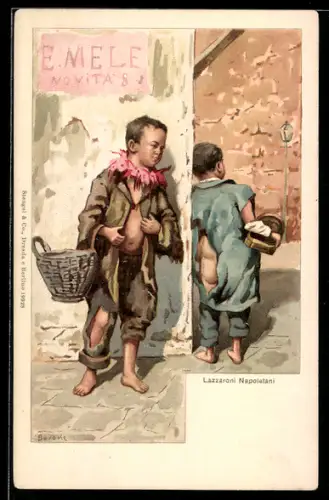 Lithographie Neapel / Napoli, Strassenjungen in zerissener Kleidung