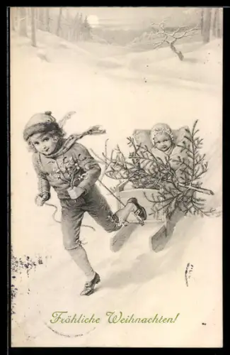 AK Junge zieht Geschwisterchen im Schlitten, Weihnachtsgruss