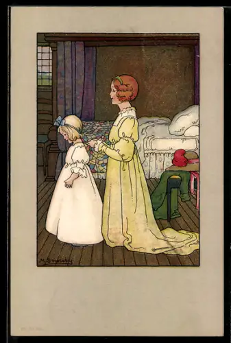 Künstler-AK Millicent Sowerby: Mutter bindet der Tochter das Kleid
