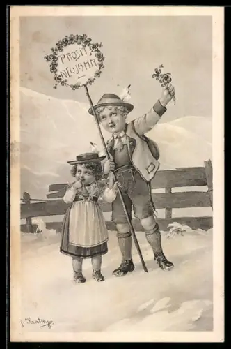 Künstler-AK R. Kratky: Kinder mit Schild im Schnee, Neujahrsgruss