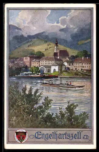 AK Deutscher Schulverein NR439: Engelhartszell, Ortsansicht, Dampferpartie