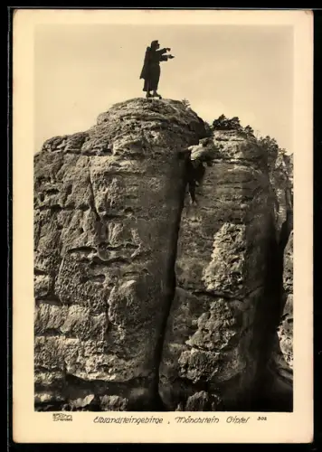 Foto-AK Walter Hahn, Dresden, NR 302: Mönchstein Gipfel, rücks. Genehmigungsstempel