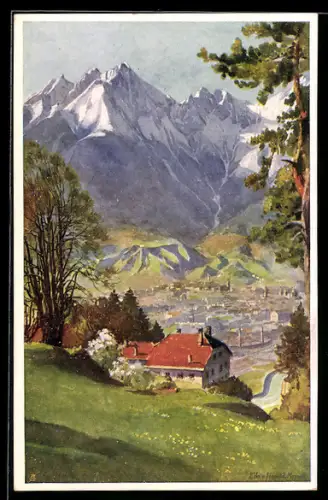 Künstler-AK Edo v. Handel-Mazzetti: Innsbruck, Blick über die Stadt gegen Norden mit Frau Hitt und Solstein