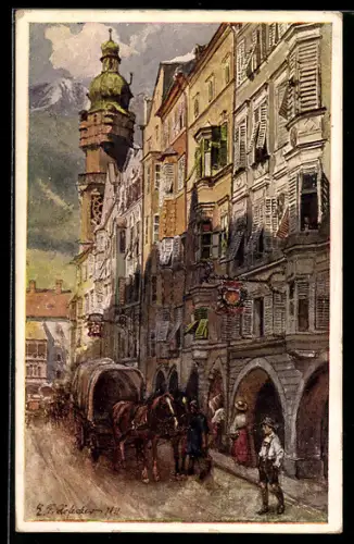 Künstler-AK E.F. Hofecker: Insbruck, Herzog Friedrichstrasse, Kutsche