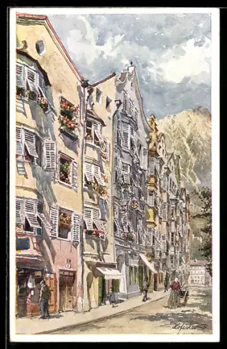 Künstler-AK E.F. Hofecker: Innsbruck, Blick in die Innstrasse