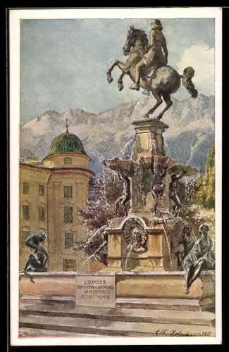 Künstler-AK E.F. Hofecker: Innsbruck, Leopoldsbrunnen mit Hofburg