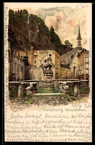 Künstler-Lithographie Otto Strützel: Salzburg, Partie an der Pferdeschwemme
