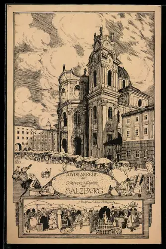 Künstler-AK Ulf Seidl: Salzburg, Studienkirche & Markt am Universitätsplatz