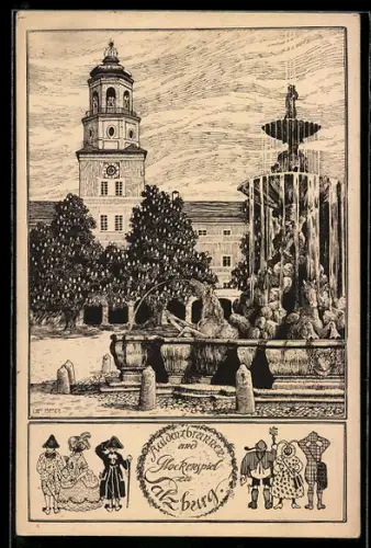 Künstler-AK Ulf Seidl: Salzburg, Residenzbrunnen am Glockenspiel