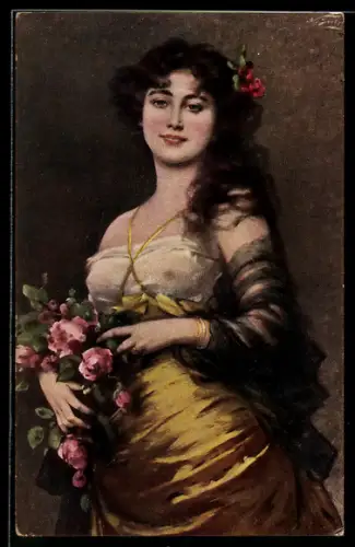 Künstler-AK sign. Sichel: Junge attraktive Frau mit durchsichtigem Oberteil und Blumenstrauss
