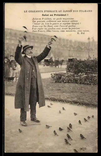 AK Paris, Le Charmeur d`Oiseaux au Jardin des Tuileries, Le Banquet des Moineaux