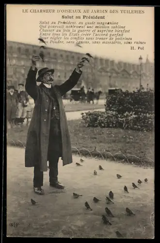 AK Paris, Le Charmeur d`Oiseaux au Jardin des Tuileries, Le Banquet des Moineaux