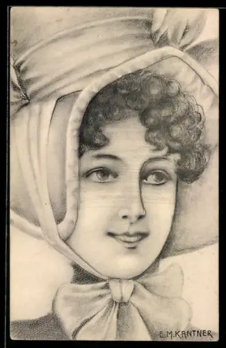 Künstler-AK sign. E. M. Kantner: Portrait einer jungen Frau mit Hut