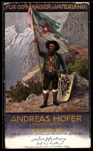 Künstler-AK F.A.C.M. Reisch: Andreas Hofer mit Flagge und Wappen