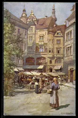 Künstler-AK Edward Theodore Compton: Klagenfurt, Obstplatz am Markttag