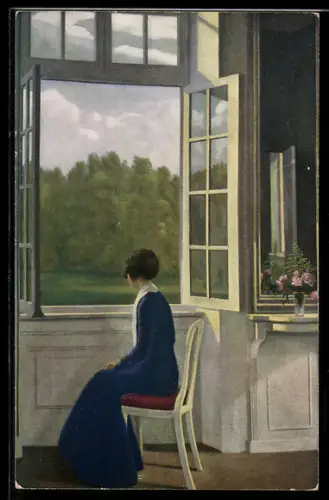 Künstler-AK sign. K. Sinding-Larsen: Sonnenschein, Dame sitzt am Fenster