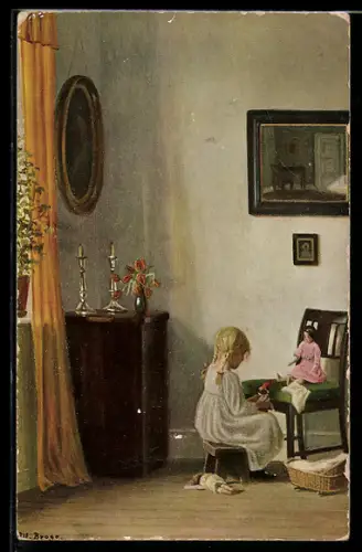 Künstler-AK Alfred Broge: Puppenmütterchen in der Stube am Stuhl sitzend