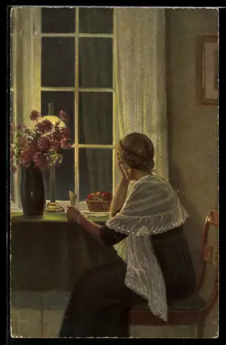 Künstler-AK sign. Alfred Broge: Triste Efterretninger, Frau liest einen Brief
