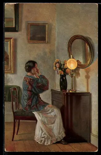 Künstler-AK sign. Alfred Broge: Bei der Toilette, Junge Frau bereitet sich auf den Tag vor